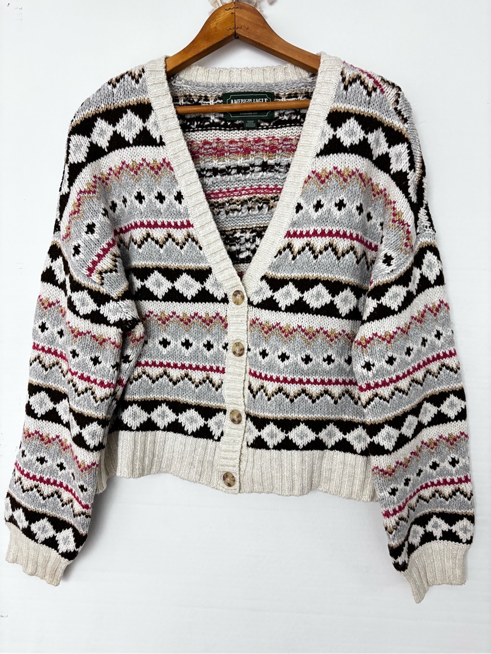 American Eagle Outfitters Fair Isle Geometric Crop Knit Cardigan Sweater Grandma
